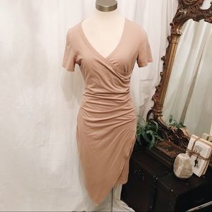 Nude ruched T-shirt dress asymmetrical